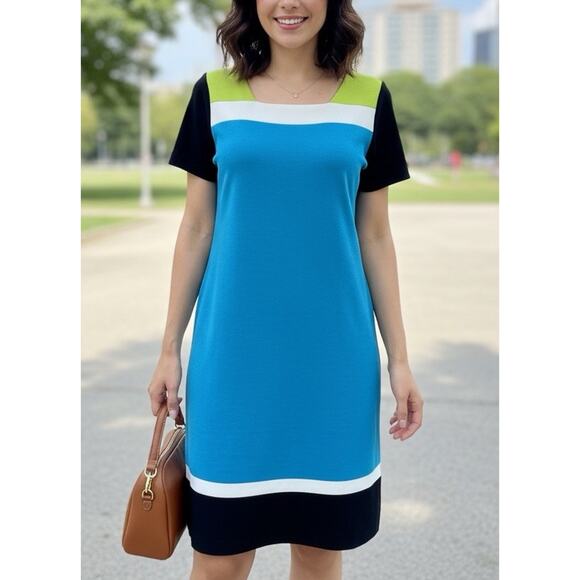 Exclusively Misook Dress Black Blue Color block Shift Short Sleeve Round Neck L - Picture 1 of 7